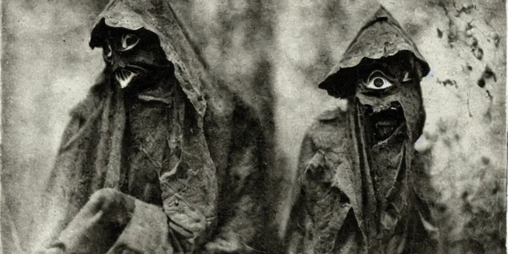 Image similar to hermit wearing a scary mask to scare off people, 1900s picture