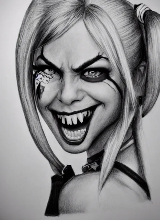 Image similar to a pencil drawing of harley quinn, insanely detailed