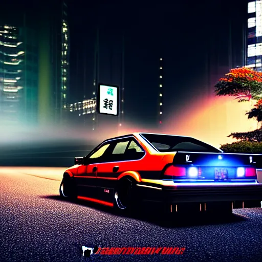 Image similar to a car JZX90 twin turbo drift spec in middle of road, Saitama prefecture, city midnight mist lights, cinematic lighting, photorealistic, highly detailed wheels, high detail