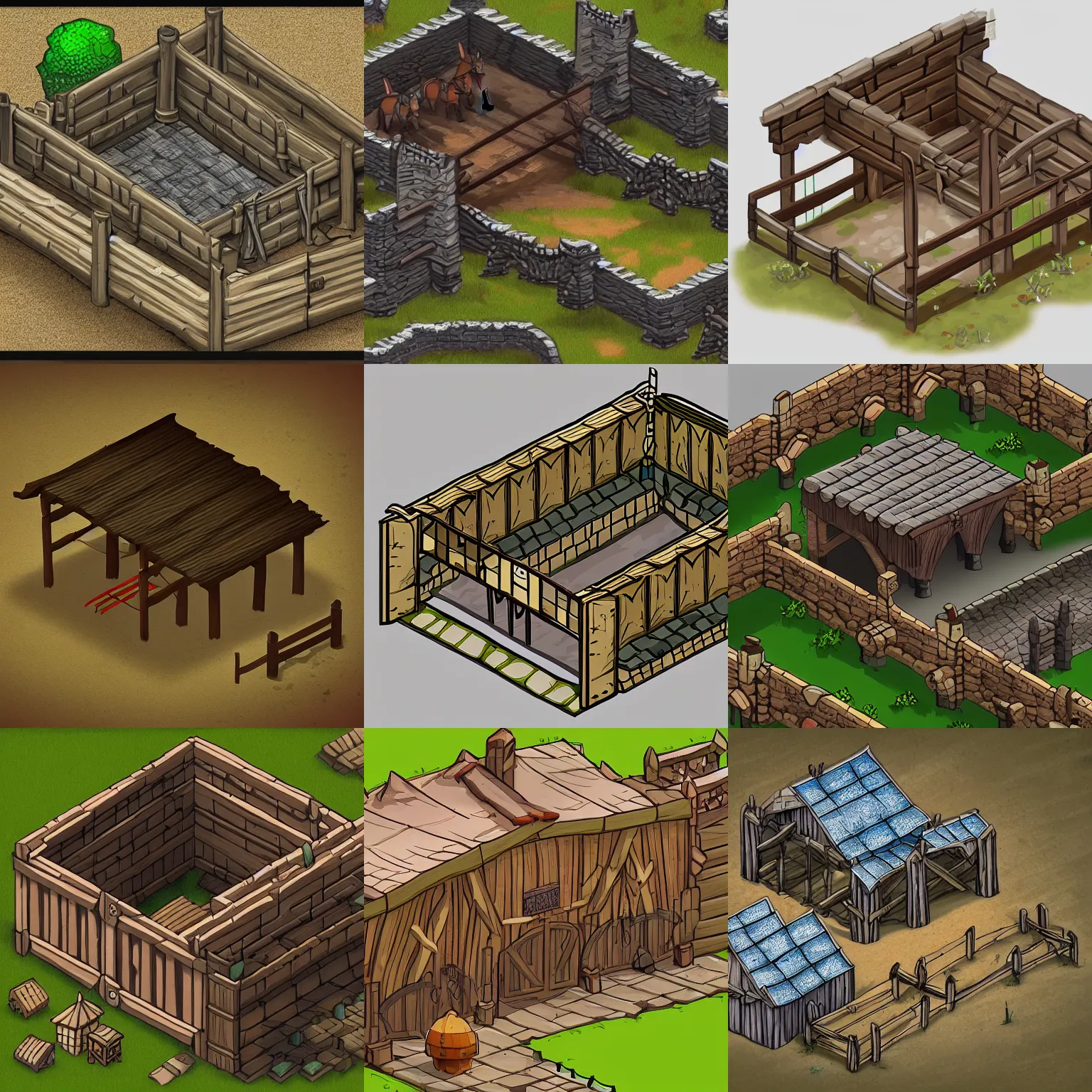 Prompt: medieval horse stable, isometric game asset, digital art, simple drawing, artstation