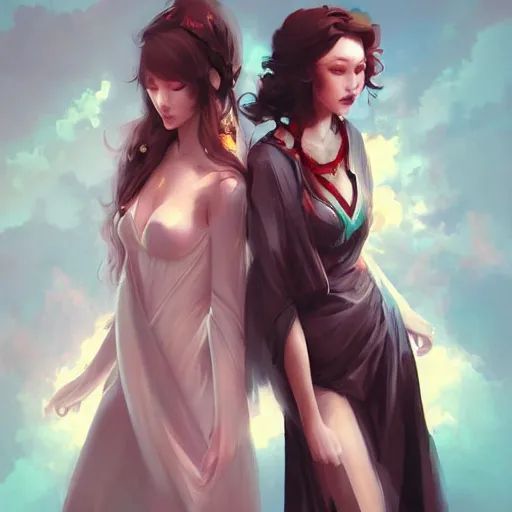 Image similar to 2 beautiful women illustration fantasy digital art by guweiz trending on artstation