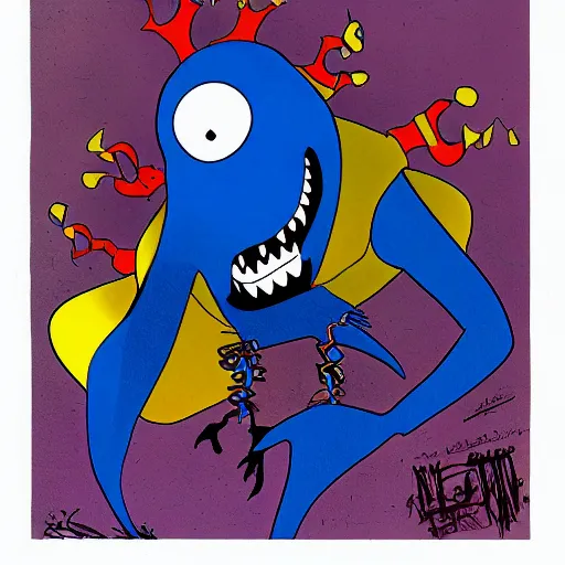 Prompt: sinister looking Blue Meanie from Yellow Submarine in the style of Spawn by Todd McFarlane