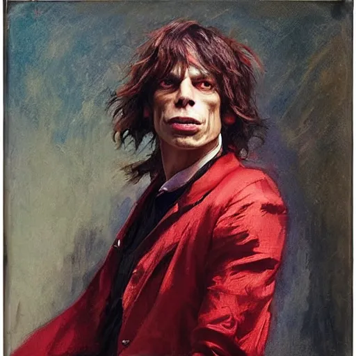 Image similar to Solomon Joseph Solomon and Richard Schmid and Jeremy Lipking victorian genre painting portrait painting of Mick Jagger in fantasy costume, red background