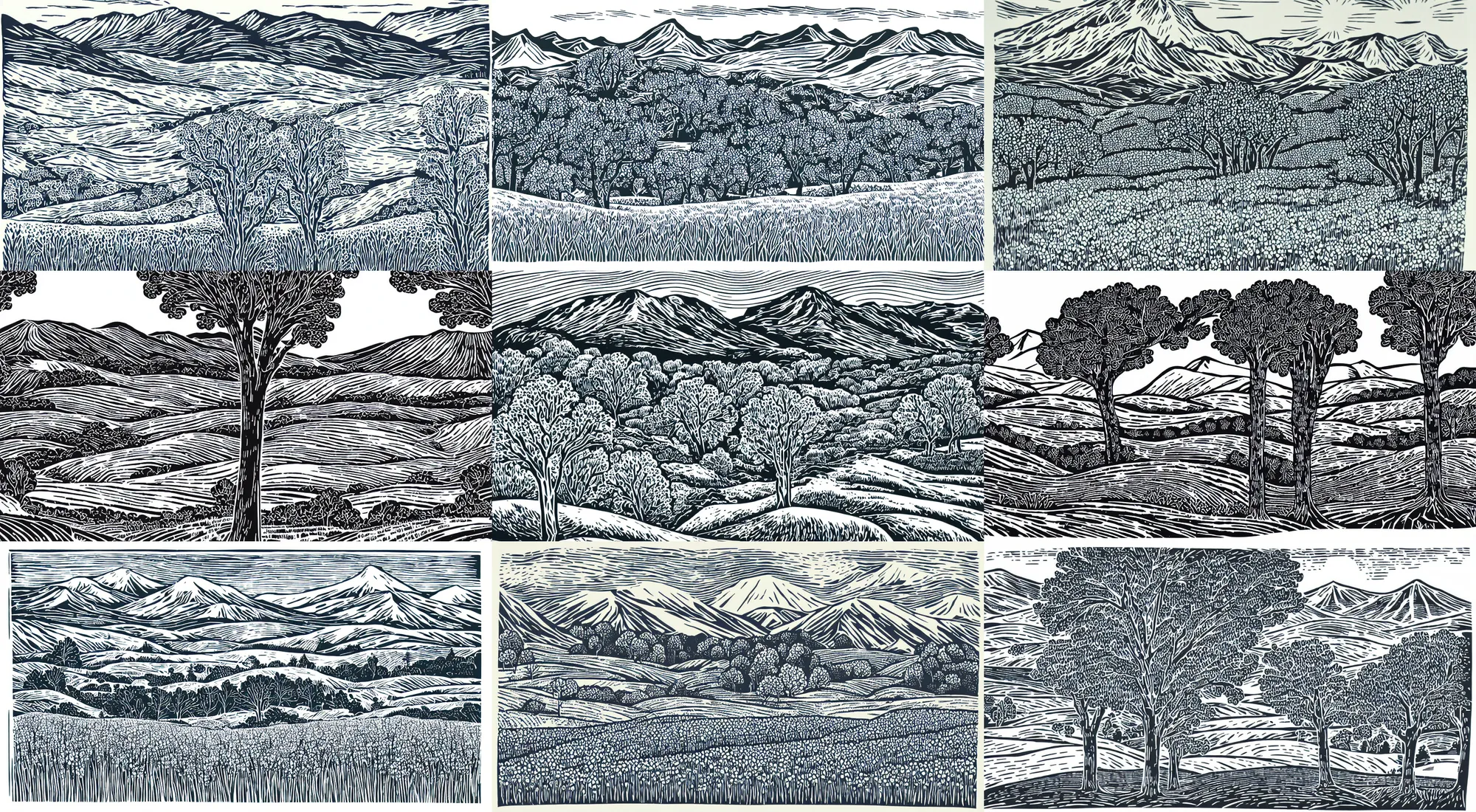 Prompt: a beautiful linocut print on paper of spring landscape with trees, mountains, fields, black and white