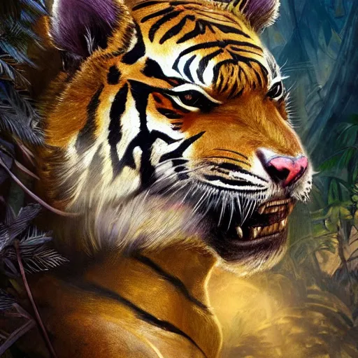 Image similar to a very high detailed tiger crossed with a muscular human body, wearing a very detailed golden kings crown, tattoo on shoulder, in a highly detailed jungle, Golden crown, crown on head, digital art, concept art, greg rutkowski, Nikolai Karelin, Hou China, trending artstation