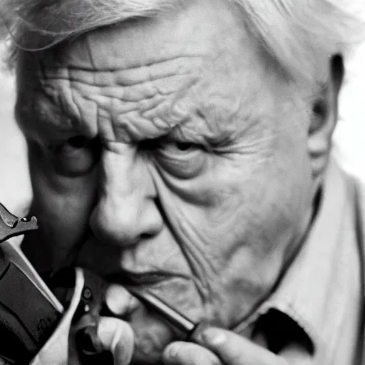 Image similar to angry david attenborough with shotgun, extreme detail, studio light, photorealistic, gritty, movie still, cinematic, bruised face, soft focus, well edited, 8 k, atmospheric, cigar,