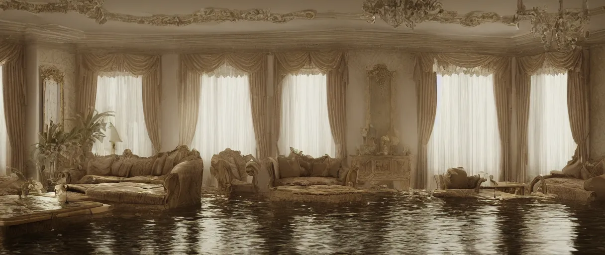 Prompt: decorative empty victorian livingroom flooded with water, octane render, 8k, artstation, concept art, smooth, sharp focus