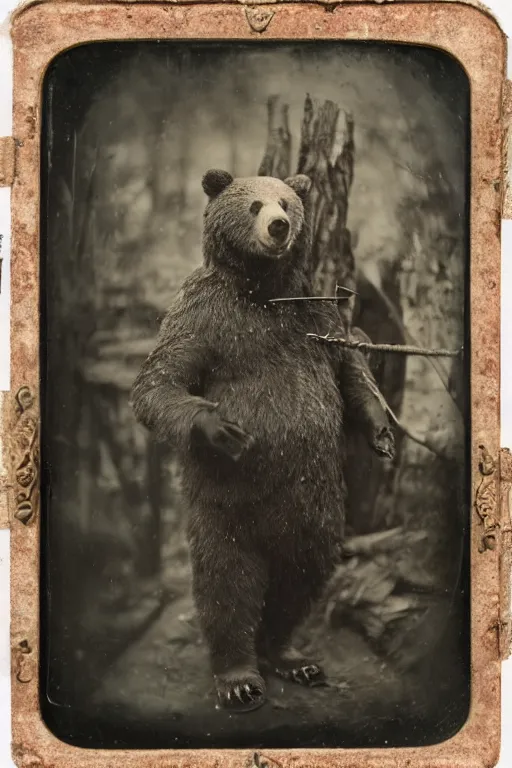 Prompt: a wet plate photo of an anthropomorphic bear dressed as a medieval woodsman