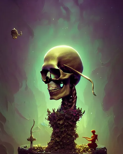 Image similar to highly detailed surreal vfx portrait of a skull statue in a wonderland, stephen bliss, unreal engine, greg rutkowski, loish, rhads, beeple, makoto shinkai and lois van baarle, ilya kuvshinov, rossdraws, tom bagshaw, alphonse mucha, global illumination, detailed and intricate environment