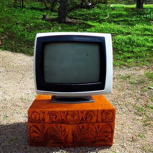 Image similar to a retro crt television carved from stone, ttelevision made by ancient taino