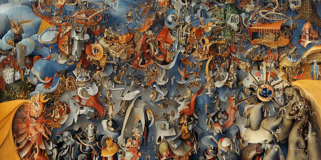 Prompt: mechanical angels descend from heaven in the middle of a small town during a carnival, surreal, quirky, highly detailed, colorful, psychedelic, by hieronymus bosch, by winsor mccay, by keith parkinson, by stephane rosse - h 3 3 0