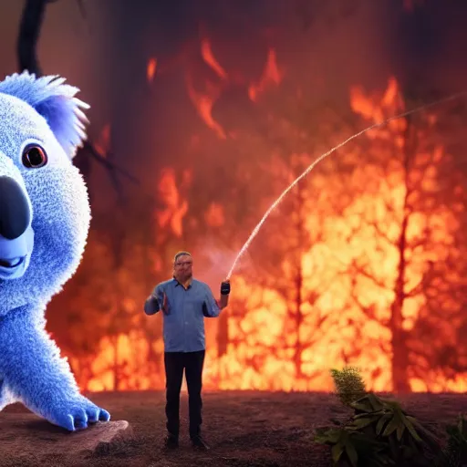 Prompt: Prime Minister Scott Morrison selfie by a forest fire, not holding a hose, smoke, koala bear in tree, cinematic, hyper realism, high detail, vivid colors, octane render, unreal engine, 8k