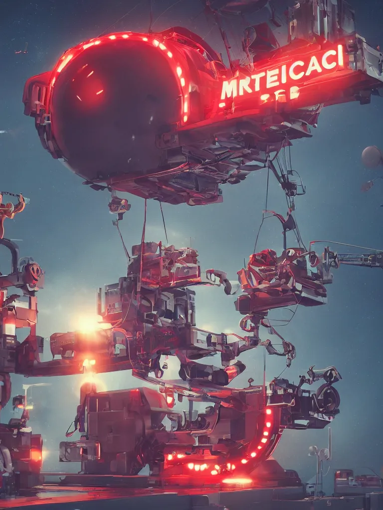 Image similar to graphic art of dystopian futuristic 1 0 mechanic surgeons in space suits, operate on a huge mickeymouse! severedhead!!!! held by a crane. ominous glowing red netflix!!! sign in the background, trending on art station, beeple!!, clean concept art, smooth, octane render