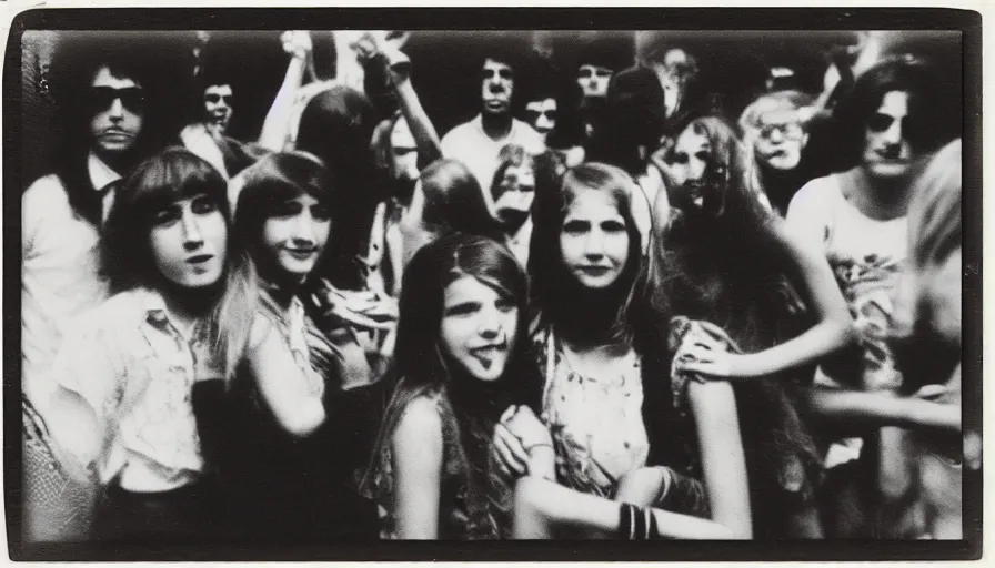 Prompt: Burnt black and white polaroid of 70s teenagers at a carnival.