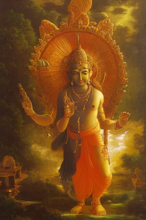 Prompt: Narendra Modi is lord Vishnu, detailed classical painting by Albert Bierstadt, oil on Canvas, portrait, chiaroscuro, rococo color scheme, 8K, trending on Artstation,