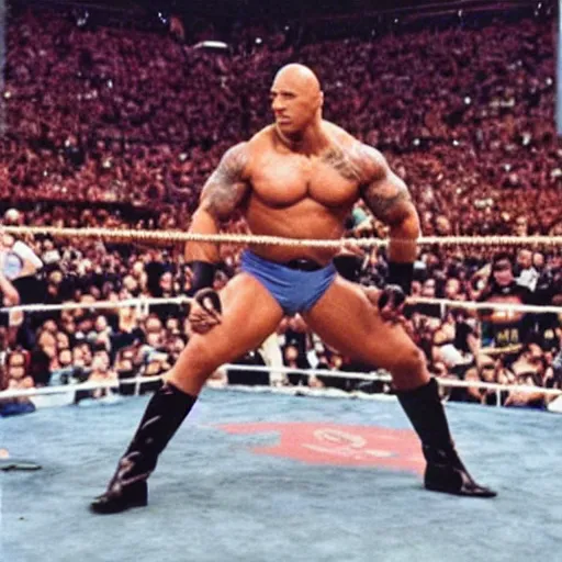 Image similar to “ Dwayne the Rock Johnson in a WWE match in 1980’s camera”