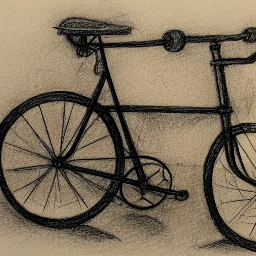 Prompt: bicycle made of bones, pencil, sketch