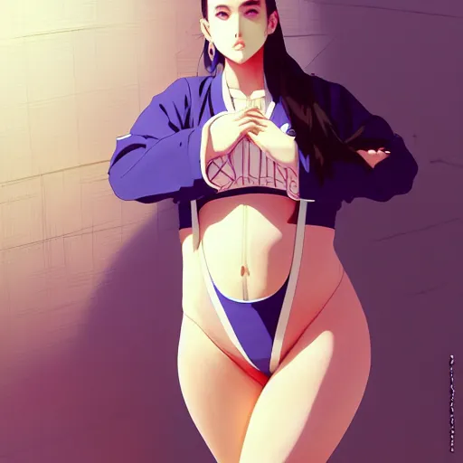 Image similar to a beautiful plus sized model japanese natalie portman, alluring plus sized model, wearing mayan leotard with overalls, street fashion hip hop style with mayan patterns, aztec street fashion, gapmoe yandere grimdark, trending on pixiv fanbox, painted by greg rutkowski makoto shinkai takashi takeuchi studio ghibli, akihiko yoshida