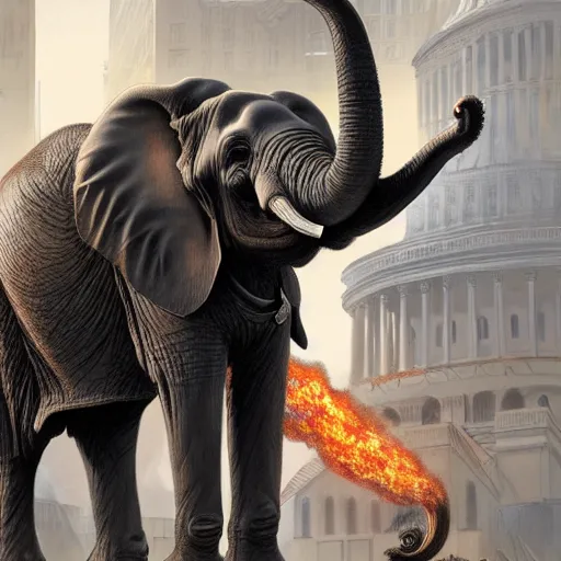 Image similar to an elephant in a business suit burns down the capitol building, highly detailed digital painting, artstation, concept art, smooth, sharp focus, illustration, art by artgerm and greg rutkowski and alphonse mucha
