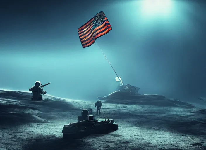 Image similar to astronaut holding a flag in an underwater desert. a submarine is visible in the distance. dark, concept art, cinematic, dramatic, atmospheric, 8 k, trending on artstation, blue, fish, low visibility, fog, ocean floor, christopher nolan, interstellar