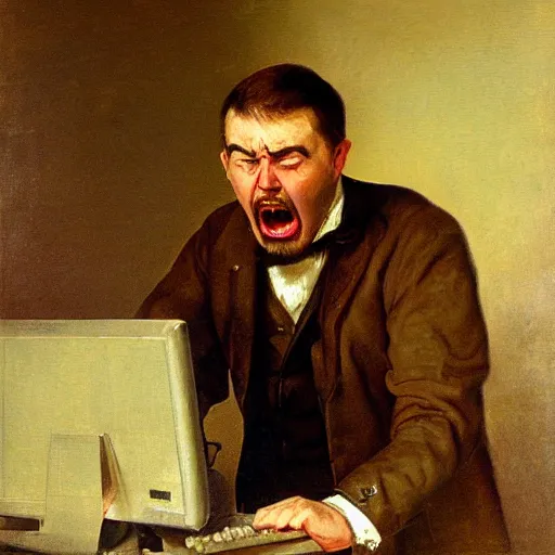 Image similar to an angry man yells at his computer monitor, oil on canvas, 1 8 8 3, highly detailed