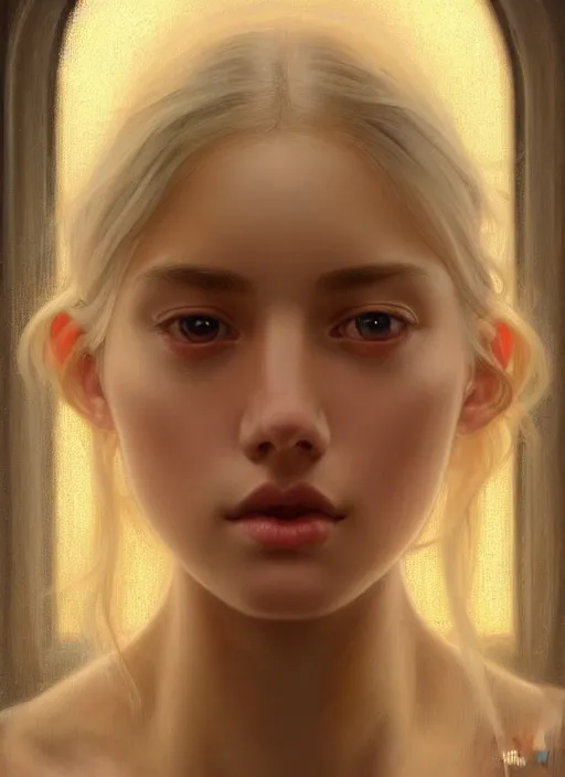 Image similar to beautiful symmetrical face, portrait of young woman blessed with ever - increasing physical and mental perfection, realism, blonde hair, perfect face!! intricate, elegant, highly detailed, vision of holy perfection!! digital painting, artstation, concept art, smooth, sharp focus, illustration, humanity, art by artgerm and greg rutkowski and alphonse mucha