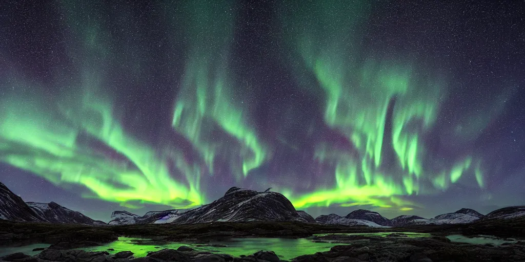 Image similar to a beautiful landscape photo in northern Norway by a famous landscape photographer, night sky with stars and green northern lights, long exposure, wide angle lens, rule of thirds