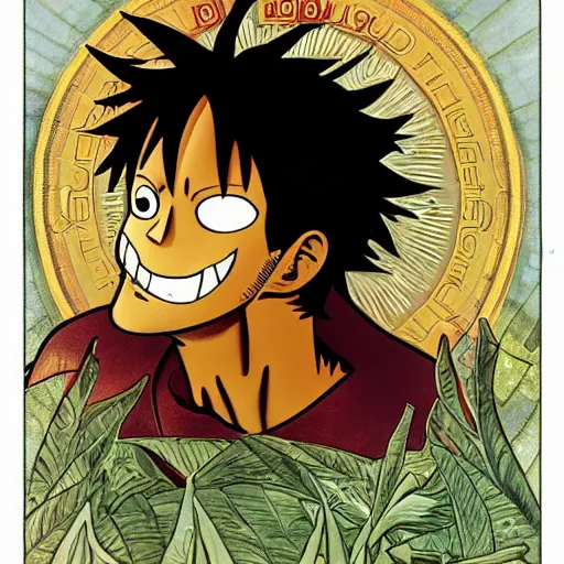 Image similar to monkey d. luffy in the style of alphonse mucha