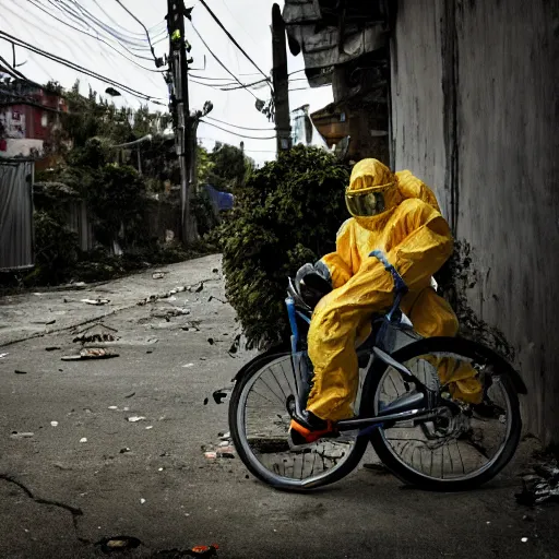 Image similar to a photo of a boy wearing a hazmat suit, riding a bike, side-view, smoke in the background, filthy streets, broken cars. Vines growing. Jpeg artifacts. Full-color photo. Color color color color color. Award-winning photo. Samyang/Rokinon Xeen 50mm T1.5