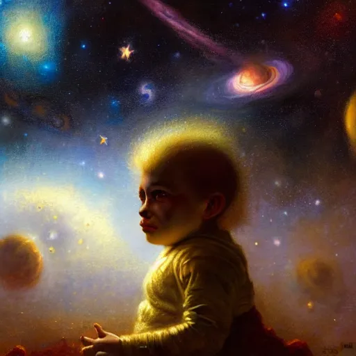 Image similar to a lonley and gloomy baby in middle of space surrounded by colorful stars planets and galaxies, high detail, by gaston bussiere, bayard wu, greg rutkowski, odd nerdrum, maxim verehin, dan dos santos, masterpiece, sharp focus, cinematic lightning