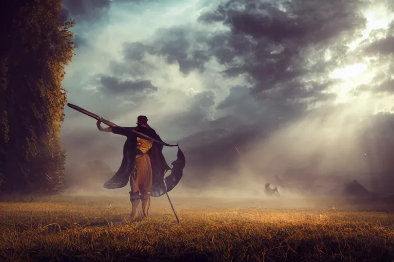 Prompt: concept art, a stage, man with scythe, traditional romanian clothing, dramatic lighting, beautiful, volumetric lighting, colorful, octane render