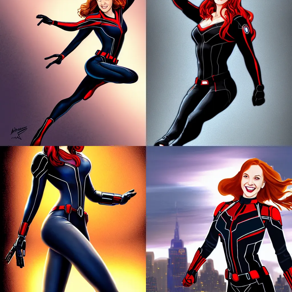 Prompt: Beautiful female Elyse Levesque as Black Widow Marvel smile and showing face:: action pose leaping in the air, acrobatic pose, exciting, fun, realistic character concept:: on rooftop of building:: comic book, illustration, slender symmetrical body, symmetrical face, full hand, full feet:: artstation, cinematic lighting, hyperdetailed, cgsociety, 8k, high resolution:: Tom Bagshaw, Joshua Middleton, Gottfried Helnwein, Rafeal Albuquerque comic:: insanely detailed and intricate