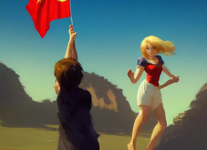 Prompt: gorgeous girl waving a China flag over her head running with Mandelbrot fractal enthusiastic crowd by Craig Mullins, ilya kuvshinov, krenz cushart, artgerm trending on artstation by Edward Hopper and Dan Mumford and WLOP and Rutkovsky, Unreal Engine 5, Lumen, Nanite