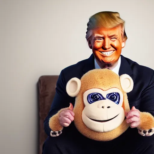 Prompt: Portrait Photo of Donald Trump smiling creepy into the camera in a monkey body, gray hair, smiling softly, realistic, 4k/8, real, photoshooting, relaxing on a modern couch, interior lighting, cozy living room background, medium shot, mid-shot, soft focus, professional photography, Portra 400