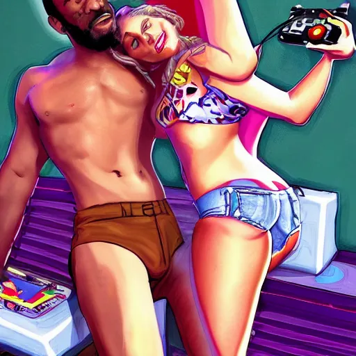 Prompt: SNES graphics playing Xbox 360 but it's a Sega Genesis making out with Britney Spears making out with Snoop Dogg in GTA, cover art by Stephen Bliss, artstation