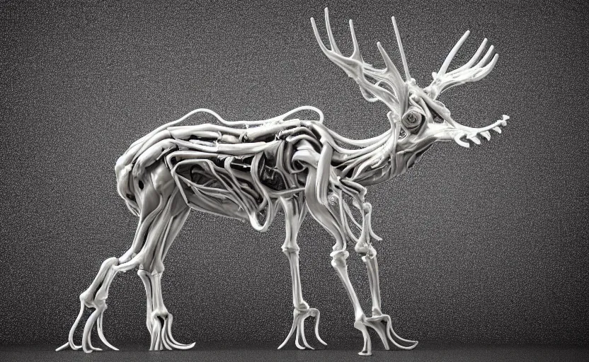 Image similar to stylized shiny polished silver statue full body extra limbs bizarre cosmic horror quadruped animal moose deer skull four legs made of marble of slug creature tendrils, perfect symmetrical body, perfect symmetrical face, hyper realistic, hyper detailed, by johannen voss, by michelangelo, octane render, blender, 8 k, displayed in pure white studio room medical render red veins