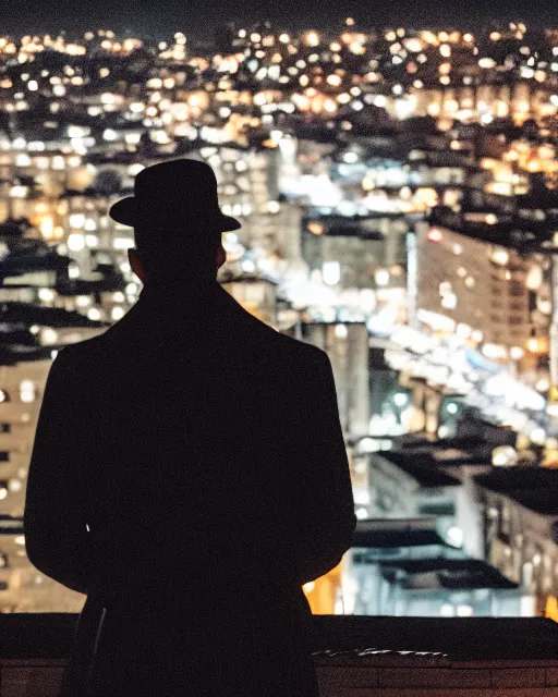 Prompt: extremely detailed night rooftop scene, close up shot of a gangster wearing a trench coat looking at the city below, 35mm, 8k, fujifilm, cinematic composition