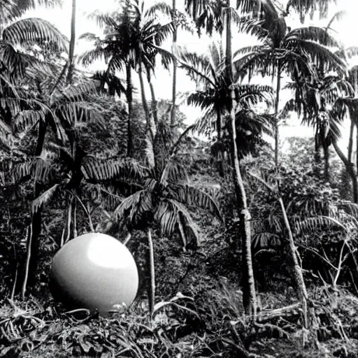 Image similar to a rizom lost film footage of a trabal sphere in the middle of the tropical jungle / object / abstract / modernism / film still / cinematic / enhanced / 1 9 2 0 s / black and white / grain