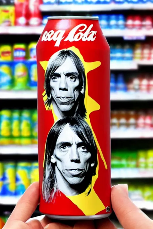 Prompt: a hand holding a tall soda can with iggy pop's face on the label, inside a supermarket
