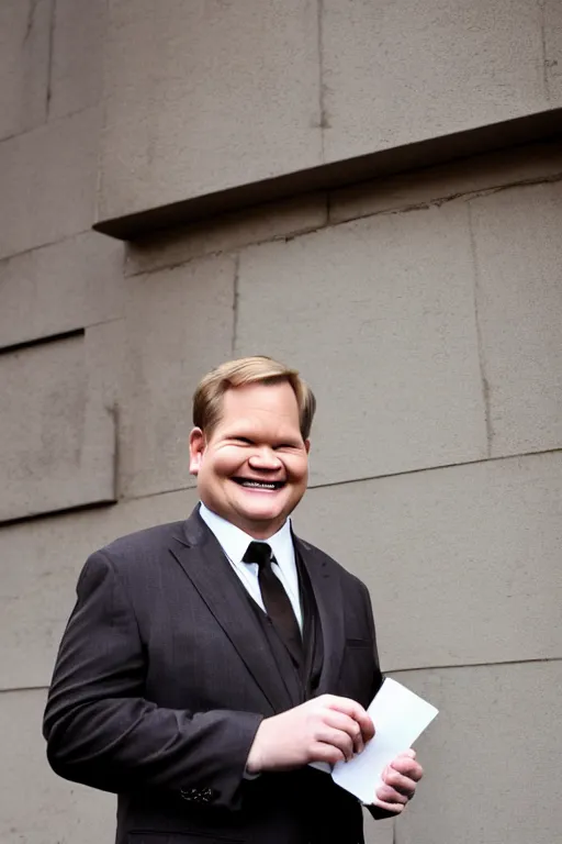 Image similar to full length body shot, andy richter wearing a brown suit and necktie and black boots, ultra hd photo, 3 5 mm close up, fish eye, realistic, smiling, holding a postcard from chicago,