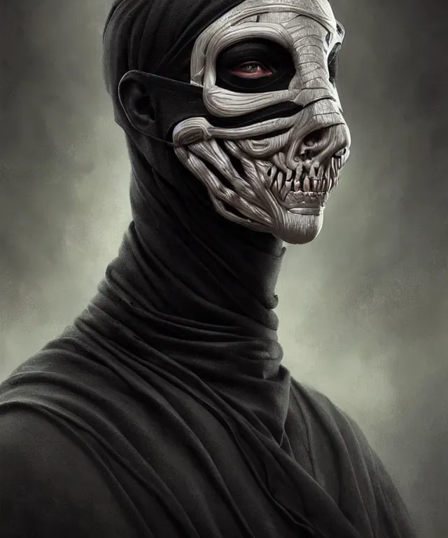 Image similar to man with black fabric mask, highly detailed face!!!, true anatomy!, extremely detailed!, digital painting, unreal engine 5, art by tom bagshaw