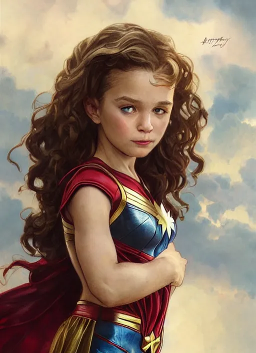 Prompt: a little girl with a mischievous face and light brown curly wavy hair. she is dressed as captain marvel, wonder woman, captain america, a superhero. clean elegant painting, beautiful detailed face. by artgerm and greg rutkowski and alphonse mucha