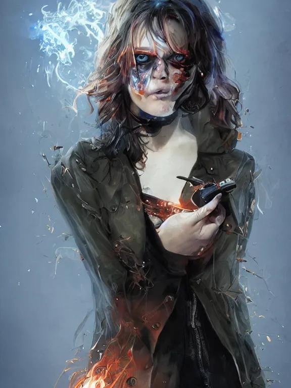 Image similar to digital illustration of a girl with eyes that burn like cigarettes wearing a short skirt and a long jacket with fingernails that shine like justice, dramatic lighting, photorealistic, full body shot, extreme detail, 4 k, colorful, artgerm and craig mullins, detailed face