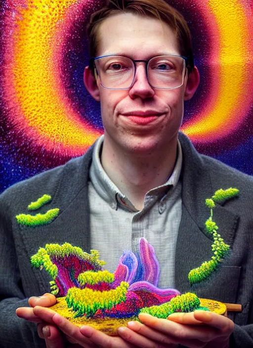 Image similar to hyper detailed 3d render like a Oil painting - friendly portrait of author Hank Green in Aurora (Singer) seen Eating of the Strangling network of yellowcake aerochrome and milky Fruit and Her delicate Hands hold of gossamer polyp blossoms bring iridescent fungal flowers whose spores black the foolish stars by Jacek Yerka, Mariusz Lewandowski, Houdini algorithmic generative render, Abstract brush strokes, Masterpiece, Edward Hopper and James Gilleard, Zdzislaw Beksinski, Wolfgang Lettl, hints of Yayoi Kasuma, octane render, 8k