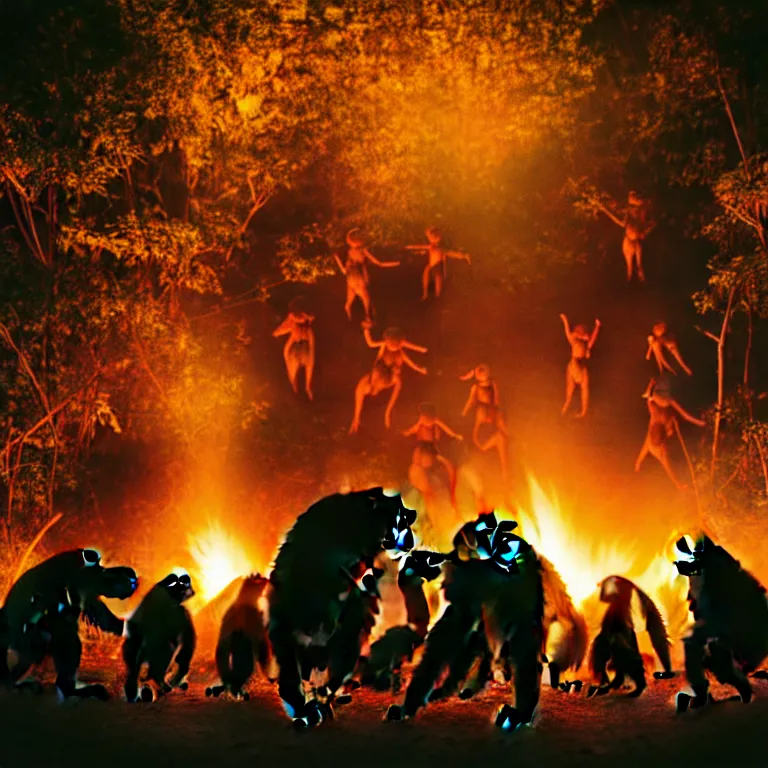 Image similar to real life 1 2 chimpanzees dancing in circle, bonfire in center, a jungle, cinematic, volumetric lighting, vivid colours, long evil shadows, f 8 aperture, cinematic eastman 5 3 8 4 film, photorealistic