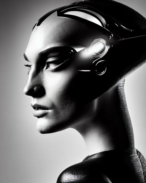 Prompt: a profile portrait, a stunning young woman - cyborg with a mutant crow head, editorial photography, bw, by roman sustov, shot on 7 0 mm, depth of field, f / 2. 8, high contrast, 1 6 k, volumetric lighting, shiny, insanely detailed and intricate, hypermaximalist, elegant, ornate, hyper realistic, super detailed