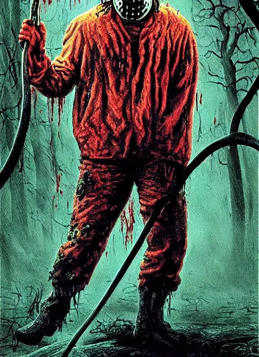 Prompt: hyper detailed 3d render like a Oil painting - Jason Voorhees (Friday the 13th part IV) seen Eating of the Strangling network of yellowcake aerochrome and milky Fruit and his rotten Hands hold a gleaming, bloody, machete that he swings through the gossamer polyp blossoms bring iridescent fungal flowers whose spores black the foolish stars by Jacek Yerka, Mariusz Lewandowski, Houdini algorithmic generative render, Abstract brush strokes, Masterpiece, Edward Hopper and James Gilleard, Zdzislaw Beksinski, Mark Ryden, Wolfgang Lettl, hints of Yayoi Kasuma, octane render, 8k