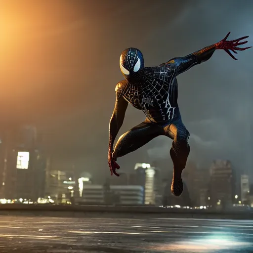 Prompt: a single venom and spider - man hybrid, dslr, cinematic, volumetric lighting