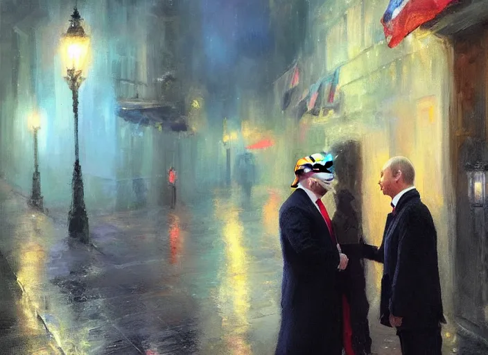 Prompt: donald trump secretly selling documents to vladimir putin in a dark raining city alleyway by vladimir volegov and alexander averin and delphin enjolras and daniel f. gerhartz, artstation