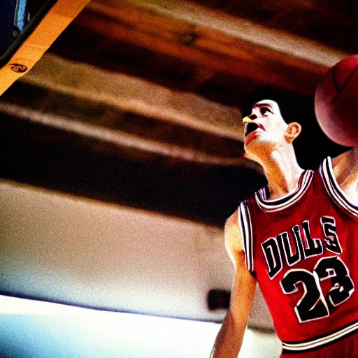 Image similar to film still of a llama in a jersey dunking a basketball like michael jordan, low angle, show from below, tilted frame, 3 5 °, dutch angle, extreme long shot, high detail, indoors, dramatic backlighting.